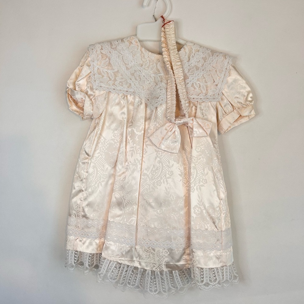 VTG Gunne Sax  Toddler Girl Dress Ivory Pink Lace Satin 3T Bloomers Head Band